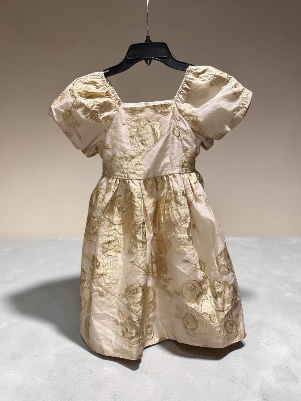 Biscotti Cream and Gold Floral Puff-Sleeve Dress